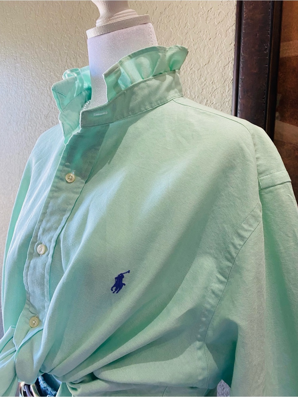 REWORKED- Ralph Lauren Pale Mint Button-Up Tie-Front Shirt - Picture 2 of 4